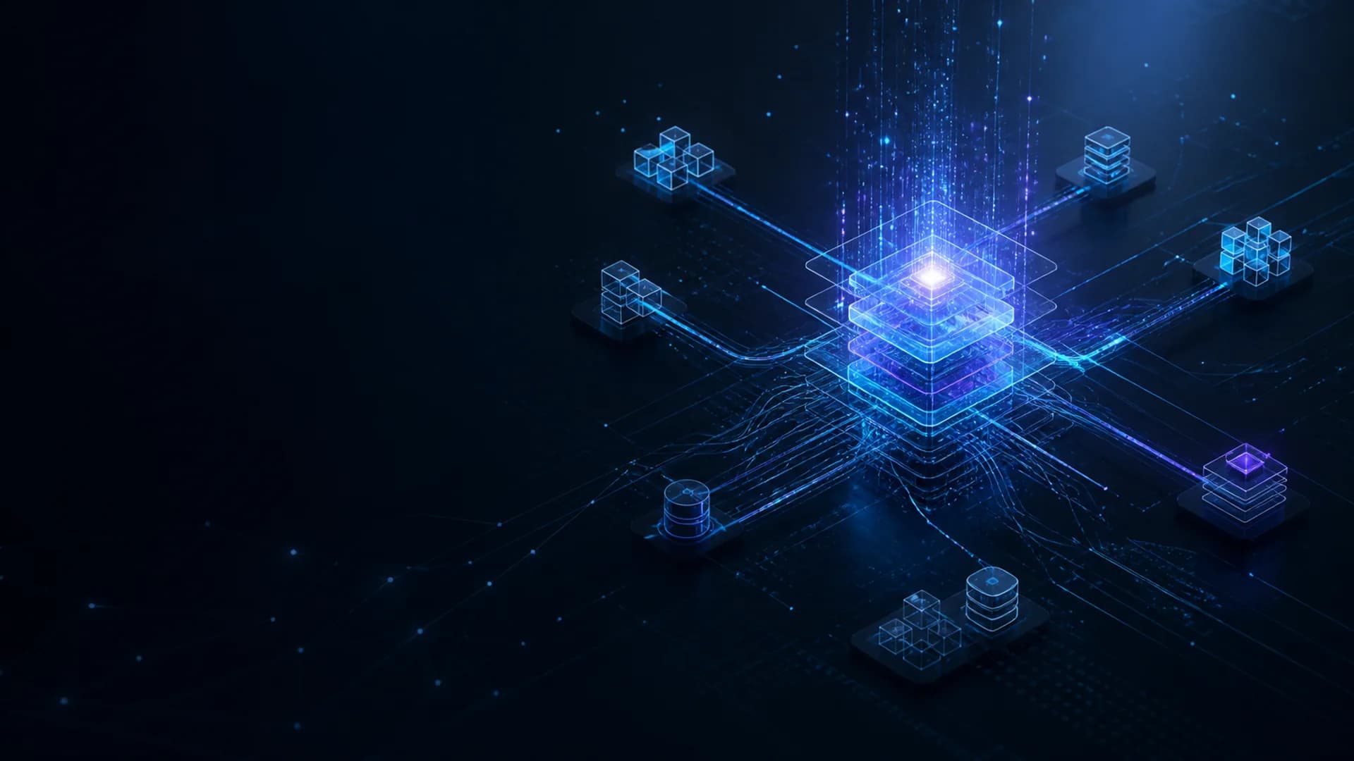 Abstract AI system architecture with connected data and automation nodes